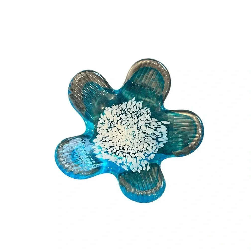 Crate and Barrel Aqua Blue Abstract Art Glass Flower Trinket Dish NEW